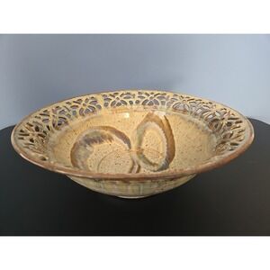 Art Pottery Glazed Blue Brown Sea Foam & Flower Circle Holes Lace Rim Bowl Large